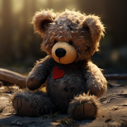 Sad, Stuffed teddy bear, worn down, dirty, black button eyes, sitting, shelf, small side tear, sowed red heart patch, thread from patch hanging off, black thread, ultra realistic, ultra HD, maximum detail, cinematic lighting, volmetric light, octane render, intricate detail, sharp graphic, 3DS Max, Cinema 4D, V-RAY, high contrast, 32k, insane details, editorial photography, photoshoot, shutter speed 1/1000, F/22, white balance, super-resolution, megapixel, pro photo GB, Backlight, Natural lighting, studio lighting, hyper realistic, cinematic, super detailed photography, editorial photography, tone mapping, hyper maximalist, elegant, hyper realistic, super detailed, 300 dpi, ultra quality, detailed texture, octane rendering cinematic, color grading, human looking, editorial photography, photography, photoshoot, depth of field, DOF, White balance, super-resolution, cinematic lighting, beautiful lighting, CGI, VFX, SFX, insanely detailed an dintricate, hypermaximalist, elegant, hyper realistic, super detailed, 3D, HDR,