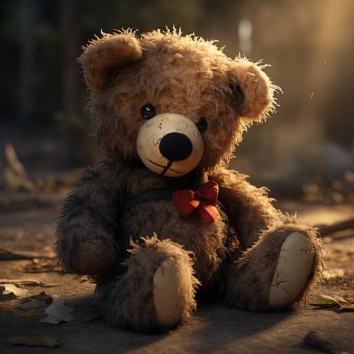 Sad, Stuffed teddy bear, worn down, dirty, black button eyes, sitting, shelf, small side tear, sowed red heart patch, thread from patch hanging off, black thread, ultra realistic, ultra HD, maximum detail, cinematic lighting, volmetric light, octane render, intricate detail, sharp graphic, 3DS Max, Cinema 4D, V-RAY, high contrast, 32k, insane details, editorial photography, photoshoot, shutter speed 1/1000, F/22, white balance, super-resolution, megapixel, pro photo GB, Backlight, Natural lighting, studio lighting, hyper realistic, cinematic, super detailed photography, editorial photography, tone mapping, hyper maximalist, elegant, hyper realistic, super detailed, 300 dpi, ultra quality, detailed texture, octane rendering cinematic, color grading, human looking, editorial photography, photography, photoshoot, depth of field, DOF, White balance, super-resolution, cinematic lighting, beautiful lighting, CGI, VFX, SFX, insanely detailed an dintricate, hypermaximalist, elegant, hyper realistic, super detailed, 3D, HDR,