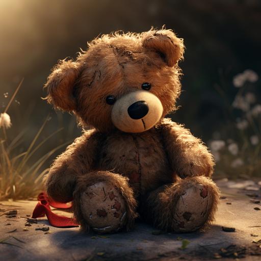 Sad, Stuffed teddy bear, worn down, dirty, black button eyes, sitting, shelf, small side tear, sowed red heart patch, thread from patch hanging off, black thread, ultra realistic, ultra HD, maximum detail, cinematic lighting, volmetric light, octane render, intricate detail, sharp graphic, 3DS Max, Cinema 4D, V-RAY, high contrast, 32k, insane details, editorial photography, photoshoot, shutter speed 1/1000, F/22, white balance, super-resolution, megapixel, pro photo GB, Backlight, Natural lighting, studio lighting, hyper realistic, cinematic, super detailed photography, editorial photography, tone mapping, hyper maximalist, elegant, hyper realistic, super detailed, 300 dpi, ultra quality, detailed texture, octane rendering cinematic, color grading, human looking, editorial photography, photography, photoshoot, depth of field, DOF, White balance, super-resolution, cinematic lighting, beautiful lighting, CGI, VFX, SFX, insanely detailed an dintricate, hypermaximalist, elegant, hyper realistic, super detailed, 3D, HDR,