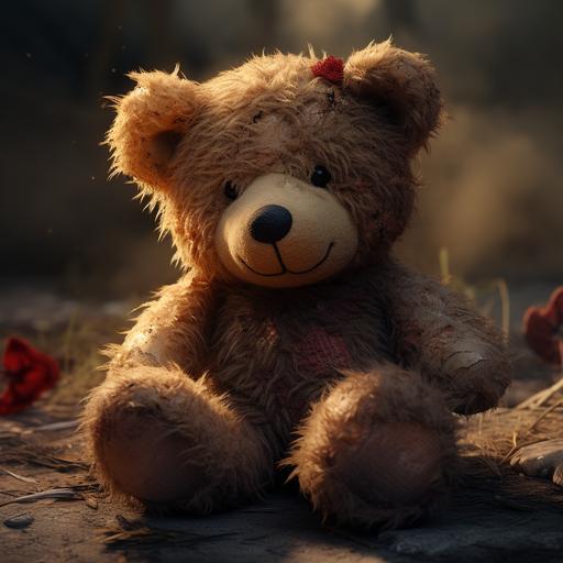 Sad, Stuffed teddy bear, worn down, dirty, black button eyes, sitting, shelf, small side tear, sowed red heart patch, thread from patch hanging off, black thread, ultra realistic, ultra HD, maximum detail, cinematic lighting, volmetric light, octane render, intricate detail, sharp graphic, 3DS Max, Cinema 4D, V-RAY, high contrast, 32k, insane details, editorial photography, photoshoot, shutter speed 1/1000, F/22, white balance, super-resolution, megapixel, pro photo GB, Backlight, Natural lighting, studio lighting, hyper realistic, cinematic, super detailed photography, editorial photography, tone mapping, hyper maximalist, elegant, hyper realistic, super detailed, 300 dpi, ultra quality, detailed texture, octane rendering cinematic, color grading, human looking, editorial photography, photography, photoshoot, depth of field, DOF, White balance, super-resolution, cinematic lighting, beautiful lighting, CGI, VFX, SFX, insanely detailed an dintricate, hypermaximalist, elegant, hyper realistic, super detailed, 3D, HDR,