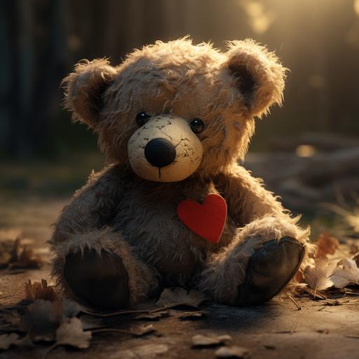 Sad, Stuffed teddy bear, worn down, dirty, black button eyes, sitting, shelf, small side tear, sowed red heart patch, thread from patch hanging off, black thread, ultra realistic, ultra HD, maximum detail, cinematic lighting, volmetric light, octane render, intricate detail, sharp graphic, 3DS Max, Cinema 4D, V-RAY, high contrast, 32k, insane details, editorial photography, photoshoot, shutter speed 1/1000, F/22, white balance, super-resolution, megapixel, pro photo GB, Backlight, Natural lighting, studio lighting, hyper realistic, cinematic, super detailed photography, editorial photography, tone mapping, hyper maximalist, elegant, hyper realistic, super detailed, 300 dpi, ultra quality, detailed texture, octane rendering cinematic, color grading, human looking, editorial photography, photography, photoshoot, depth of field, DOF, White balance, super-resolution, cinematic lighting, beautiful lighting, CGI, VFX, SFX, insanely detailed an dintricate, hypermaximalist, elegant, hyper realistic, super detailed, 3D, HDR,