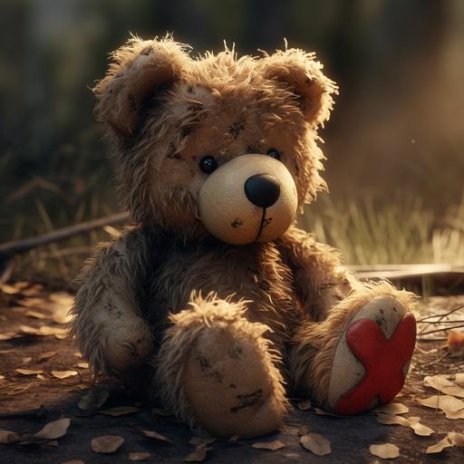 Sad, Stuffed teddy bear, worn down, dirty, black button eyes, sitting, shelf, small side tear, sowed red heart patch, thread from patch hanging off, black thread, ultra realistic, ultra HD, maximum detail, cinematic lighting, volmetric light, octane render, intricate detail, sharp graphic, 3DS Max, Cinema 4D, V-RAY, high contrast, 32k, insane details, editorial photography, photoshoot, shutter speed 1/1000, F/22, white balance, super-resolution, megapixel, pro photo GB, Backlight, Natural lighting, studio lighting, hyper realistic, cinematic, super detailed photography, editorial photography, tone mapping, hyper maximalist, elegant, hyper realistic, super detailed, 300 dpi, ultra quality, detailed texture, octane rendering cinematic, color grading, human looking, editorial photography, photography, photoshoot, depth of field, DOF, White balance, super-resolution, cinematic lighting, beautiful lighting, CGI, VFX, SFX, insanely detailed an dintricate, hypermaximalist, elegant, hyper realistic, super detailed, 3D, HDR,