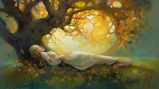 meadow, low angle shot, foreshortening sleeping under, circular triangle golden white old tree, pomegranate, glow, night, art by Anna Dittmann, Krenz Cushart, Alphonse Mucha, --ar 16:9 --v 5
