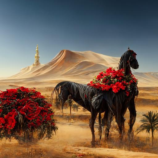 Sahara desert with palm tree oasis and giant golden metallic cube; a black Arabian horse in the foreground wearing red cloth and roses; hyper realistic highly detailed 8k