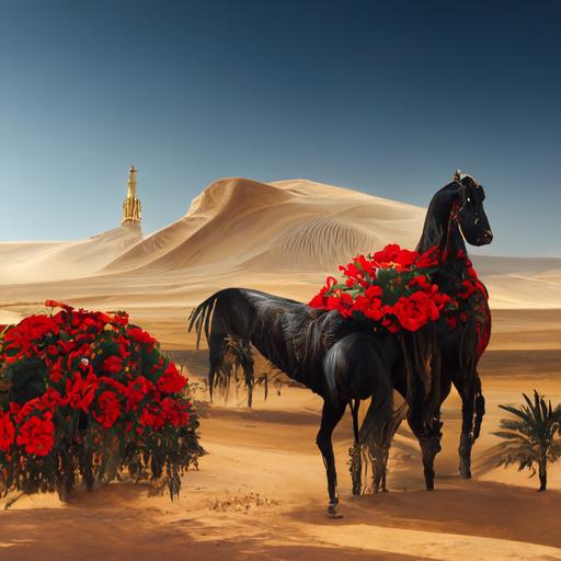 Sahara desert with palm tree oasis and giant golden metallic cube; a black Arabian horse in the foreground wearing red cloth and roses; hyper realistic highly detailed 8k --uplight