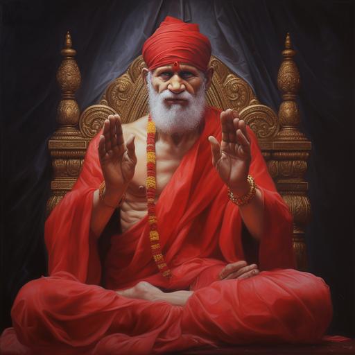 Sai baba, shirdi, Hindu god, wear red color, blessing by left hand, looking at camera, beautiful classic Indian tample, realistic vibe, ultra realistic