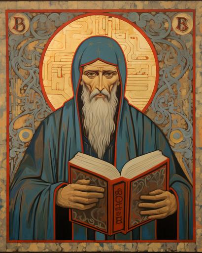 Saint Benedict with the Rule, in the style of a Byzantine icon depicting . The composition should showcase Saint Benedict in the center, looking directly at the viewer in a frontal position. He should be depicted holding a book representing the Rule he wrote, symbolizing wisdom and teaching. The image should utilize vibrant colors, particularly gold, red, blue, and green, to convey a sense of spiritual significance. Please emphasize the use of intricate details and traditional Byzantine art techniques. The image should evoke a sense of spiritual contemplation and invite reflection. The background can be simple or adorned with symbolic elements. Overall, create an image that captures the essence of Saint Benedict and his role as a spiritual guide within the monastic tradition --ar 4:5