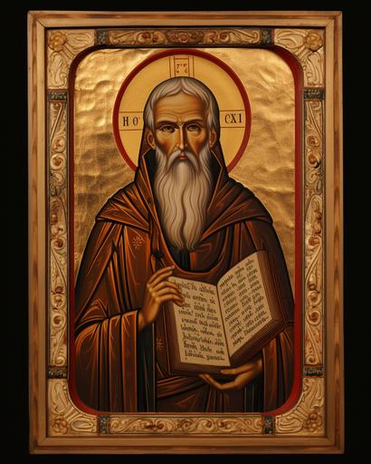 Saint Benedict with the Rule, in the style of a Byzantine icon depicting . The composition should showcase Saint Benedict in the center, looking directly at the viewer in a frontal position. He should be depicted holding a book representing the Rule he wrote, symbolizing wisdom and teaching. The image should utilize vibrant colors, particularly gold, red, blue, and green, to convey a sense of spiritual significance. Please emphasize the use of intricate details and traditional Byzantine art techniques. The image should evoke a sense of spiritual contemplation and invite reflection. The background can be simple or adorned with symbolic elements. Overall, create an image that captures the essence of Saint Benedict and his role as a spiritual guide within the monastic tradition --ar 4:5