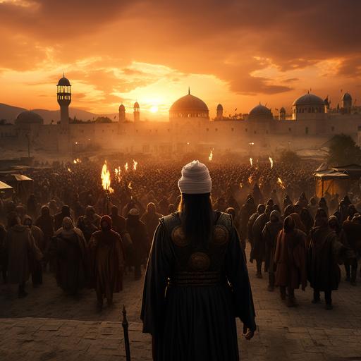 Saladin faced an entire army alone, carrying his sword, in the square ، Film scene in Jerusalem Sunset، Realstack, 8K