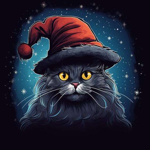 Salem Saberhagen with a christmas hat. Cartoon. High colour. Dark background.