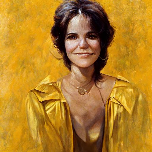 Sally Fields, in 1977, down on all fours, elbows touching knees, big-chested, narrow waist, wide hips, side profile portrait, subtle gold dust, hyperrealistic, photorealistic, 8k, 3D render, in the style of a yellow 1965 Ford Mustang convertible