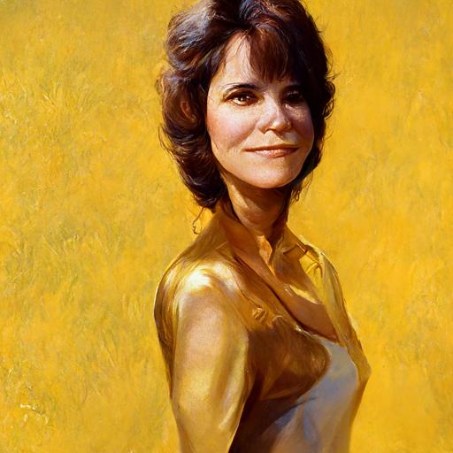 Sally Fields, in 1977, down on all fours, elbows touching knees, big-chested, narrow waist, wide hips, side profile portrait, subtle gold dust, hyperrealistic, photorealistic, 8k, 3D render, in the style of a yellow 1965 Ford Mustang convertible