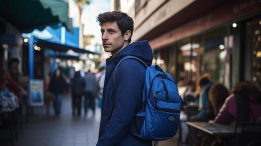 Sam Altman opening a blue backpack, city, street, ultra realistic, hd, details, --aspect 16:9