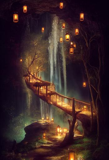 Samhain , ethereal waterfall, a cave , carved and adapted complex wood luminous scaffolding, bridge , magical lanterns light pathway. Thick full trees. landscape , pool of dreams. --ar 2:3 --chaos 10 --upbeta --upbeta --upbeta --test --creative