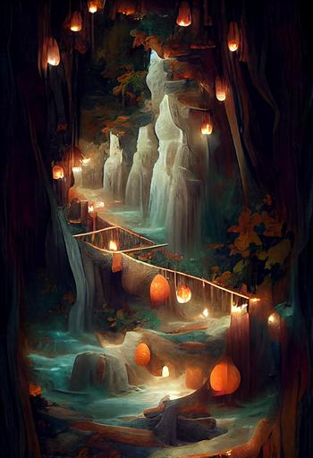 Samhain ::ethereal waterfall, a cave :: carved and adapted complex wood luminous scaffolding, bridge :: magical lanterns light pathway. Thick full trees. landscape :: pool of dreams. --ar 2:3 --q 3 --chaos 10 --s 5000 --upbeta --upbeta --upbeta