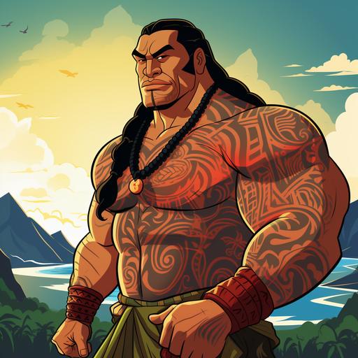 Samoan Strong Chief with Pacific Ocean backround in cartoon style PNG transparent