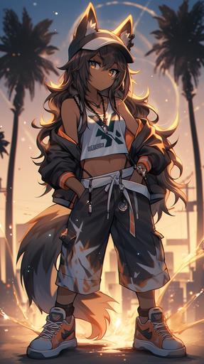 San Diego kemonomimi female LED glow poi dancer with fluffy ears, glassy eyes, partially closed eyelids, big tattoo of a kemonomimi on her skin, LED sneakers, and shorts vaping by the beach at night --ar 9:16 --niji 5 --s 750
