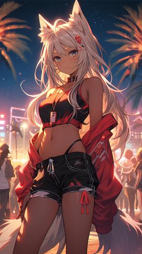 San Diego kemonomimi female LED glow poi dancer with fluffy ears, glassy eyes, partially closed eyelids, big tattoo of a kemonomimi on her skin, LED sneakers, and shorts vaping by the beach at night --ar 9:16 --niji 5 --s 750