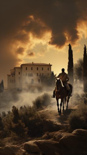 San Quirico d'Orcia with a roman gernal on his horse. smoke coming out of a big villa roman times.hyperealistic. photorealistic 8k --ar 9:16