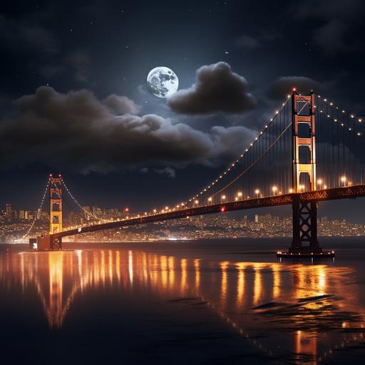 San francisco skyline golden gate bridge at night with full moon