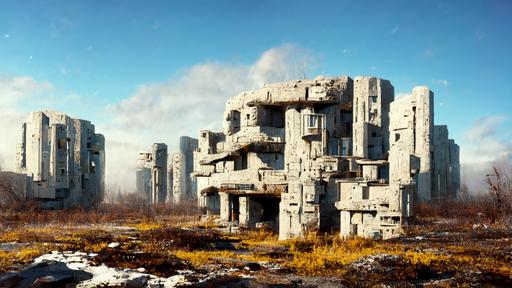 --hd --wallpaper ancient concrete city ruins in a dystopian future in the arctic wasteland:: 4K octane render, unreal 5 engine