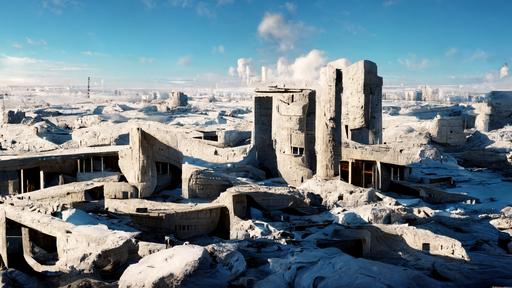 --hd --wallpaper ancient concrete city ruins in a dystopian future in the arctic wasteland:: 4K octane render, unreal 5 engine