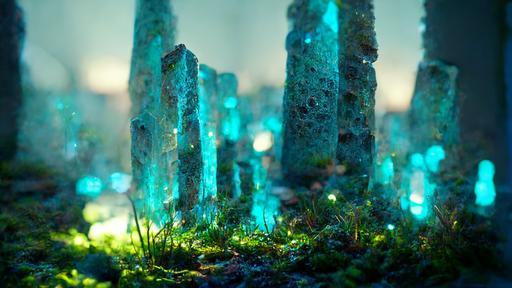 --wallpaper shimmering blue lights sparkling through moss covered ancient ruins built by alien technology:: 8K, octane render photo realistic detail
