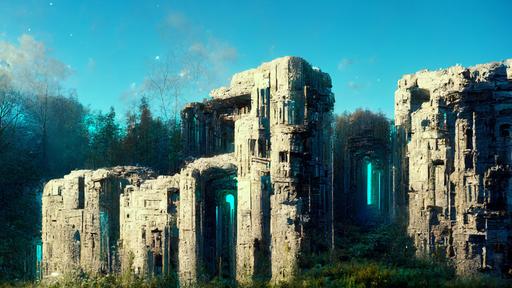 --wallpaper shimmering blue lights sparkling through moss covered ancient ruins built by alien technology:: 8K, octane render photo realistic detail