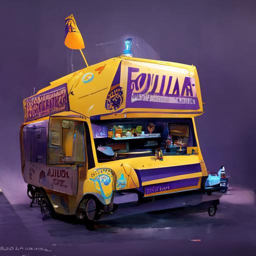 https:// a concept art of a south american foodtruck from trollhunters movie, render look mix of pixar animation and Alberto Mielgo style with flat colors but grain textures rich palette of yellow purple and blue, inside there is a criminal band of cartoon characters organising a heist to a super important Bank
