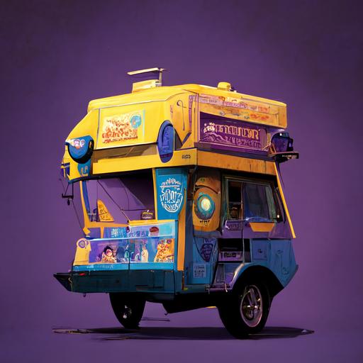 https:// a concept art of a south american foodtruck from trollhunters movie, render look mix of pixar animation and Alberto Mielgo style with flat colors but grain textures rich palette of yellow purple and blue, inside there is a criminal band of cartoon characters organising a heist to a super important Bank