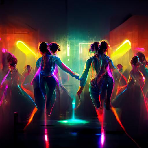 rave, girls dancing, Dynamic lighting, high-quality, photorealism, photorealistic, 8k, full color, Dynamic effects, Dynamic textures, texture, hd, hq, futuristic