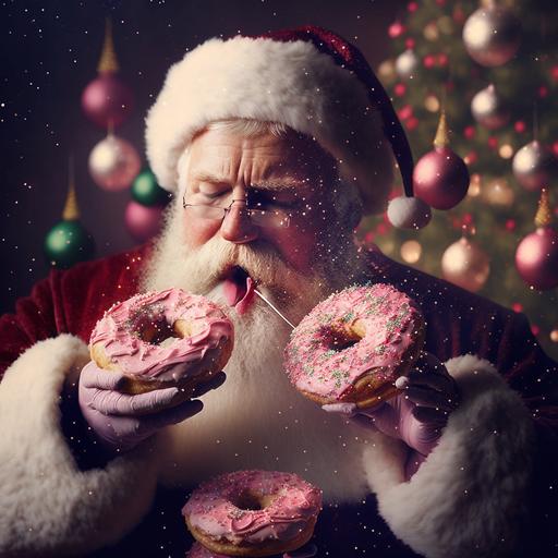 Santa Caluse eating donuts with pink sprinkels, in front of a christmas tree made of pink sprinkle donuts --v 4