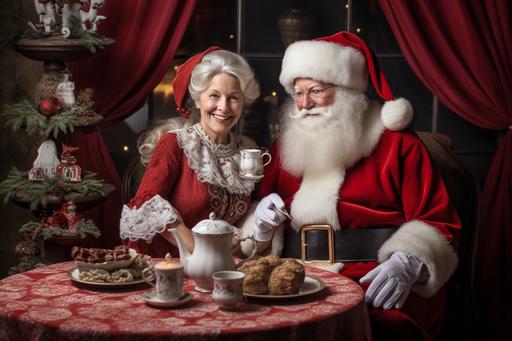 Santa Claus:: and Mrs. Claus:: are sitting at a table and sitting on the table are a small plate of cookies and a teapot of hot chocolate and two cups. Santa is happy and has a beard and Mrs Claus has white hair and is happy. They are both in red suits. --ar 3:2 --no background, animals, other people --v 5.2