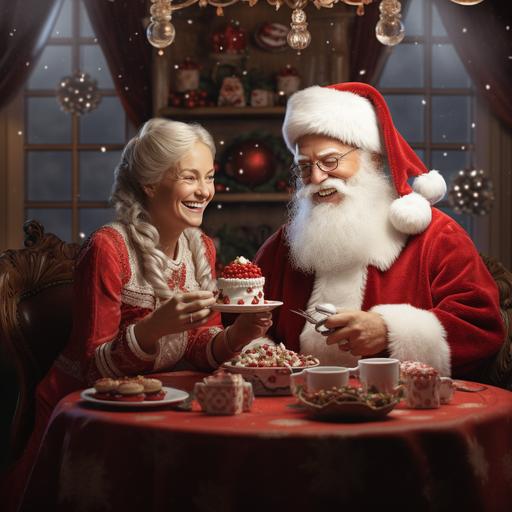 Santa Claus:: and Mrs. Claus:: are sitting at a table and sitting on the table are a small plate of cookies and a teapot of hot chocolate and two cups. Santa is happy and has a beard and Mrs. Claus has white hair and is happy. They are both in red suits. ar 3:2 --no background, food in hands or cups in hands, animals, other people --v 5.2