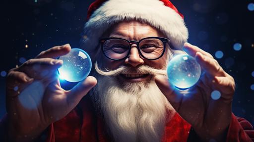 Santa Claus wearing glasses with this hands open. In one hand is a red pill, the other contains a blue pill. --ar 16:9