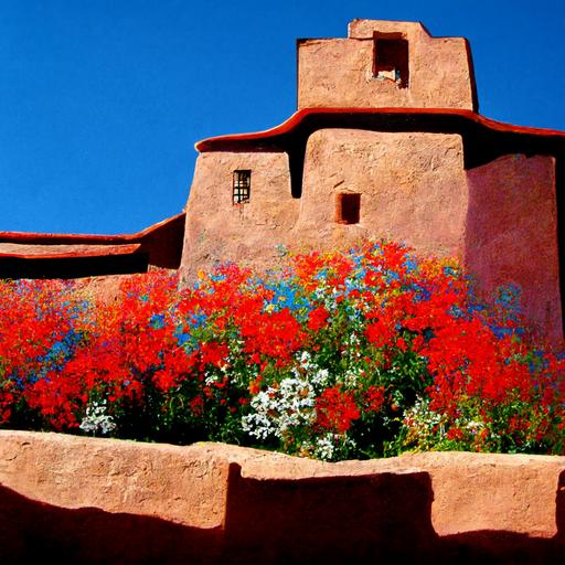 Santa Fe architecture Pueblo blue sky red adobe topaz flowers