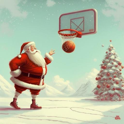 Santa claus playing basketball, basket os a christmas tree, write 