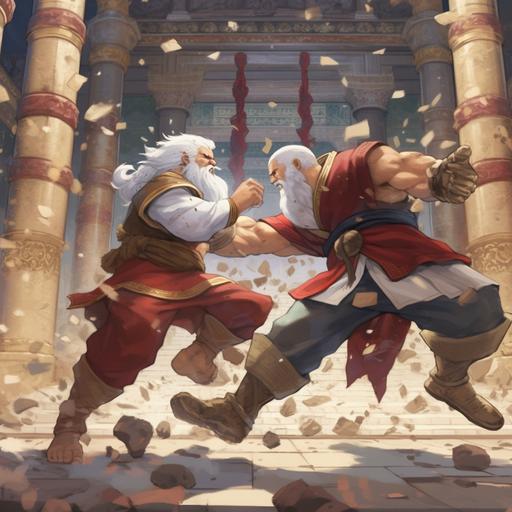 Santa clause fighting a rival in an ancient temple anime style