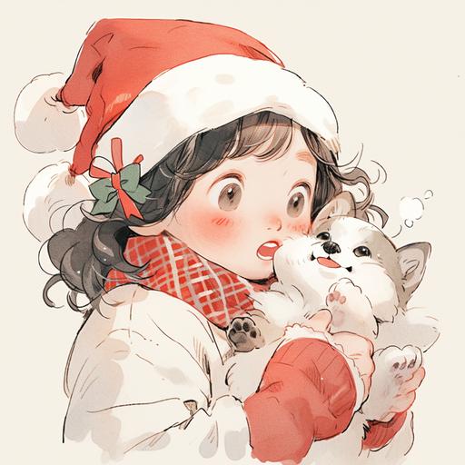 Santa hat girl holding baby Lynx Christmas stickers, in the style of line drawing style, sopheap pich, light white and beige, editorial illustrations, inio asano, watercolor illustrations, contest winner --niji 5