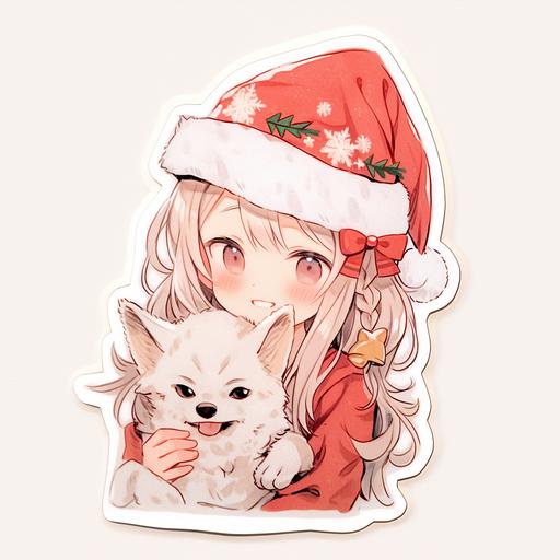 Santa hat girl holding baby Lynx Christmas stickers, in the style of line drawing style, sopheap pich, light white and beige, editorial illustrations, inio asano, watercolor illustrations, contest winner --niji 5