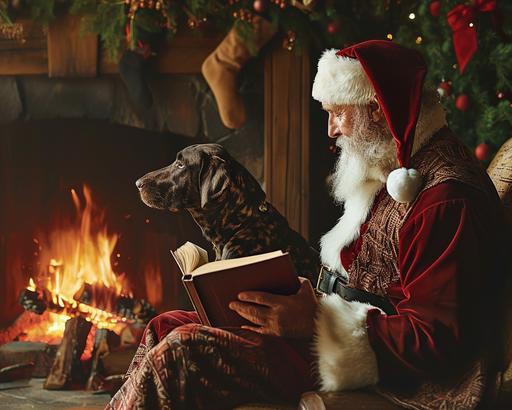 Santa with his German shorthaired pointer dressed for yuletide, sitting by the fire --ar 5:4 --v 6.0