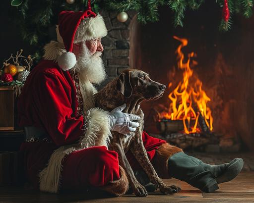 Santa with his German shorthaired pointer dressed for yuletide, sitting by the fire --ar 5:4 --v 6.0
