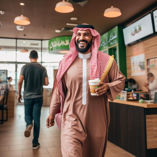 Saudi Man, wearing traditional clothing walking inside of Krispy Cream Cafe, and the vibe around him is apstract and colorfull, the man is walking with a take away green cup of cofee and narrating as he walks.