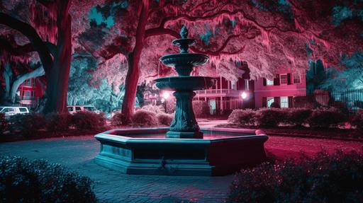 Savannah Lafayette square with fountain, with backdrop of townhomes with mossy oak trees at night, high-definition photo with 8K resolution, dramatic lighting and dynamic composition, intricate details, highly textured, saturated and pure colors, reds purples and blues, ultrarealistic, a film still --ar 16:9 --chaos 7 --s 1000 --v 5