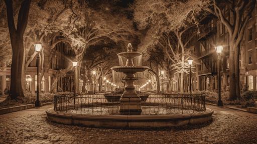 Savannah Lafayette square with fountain, with backdrop of townhomes with mossy oak trees at night, high-definition photo with 8K resolution, dramatic lighting and dynamic composition, intricate details, highly textured, saturated and pure colors, sepia tones, ultrarealistic, a film still --ar 16:9 --chaos 7 --s 1000 --v 5
