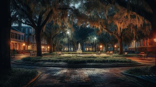 Savannah park square, in the 1920s, with backdrop of townhomes with mossy oak trees at night, high-definition photo with 8K resolution, dramatic lighting and dynamic composition, intricate details, highly textured, saturated and pure colors, ultrarealistic, a film still --ar 16:9 --chaos 7 --s 1000 --v 5