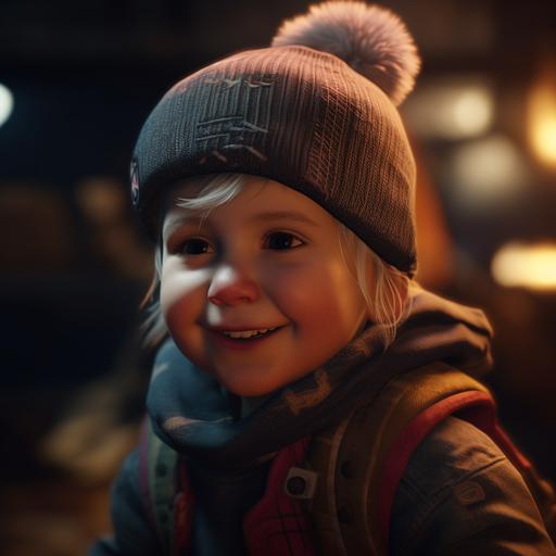 Scandinavian 2 years old baby character with cheeky smile and a scrunched up face. Cheeky expression. Mischievous. Pixie-like. She is wear a beanie hat and a neckerchief. Cinematic. I’m the style of a apex legends. Sci-fi. Vibrant. Edge lit. Dramatic. Atmospheric background. --v 5