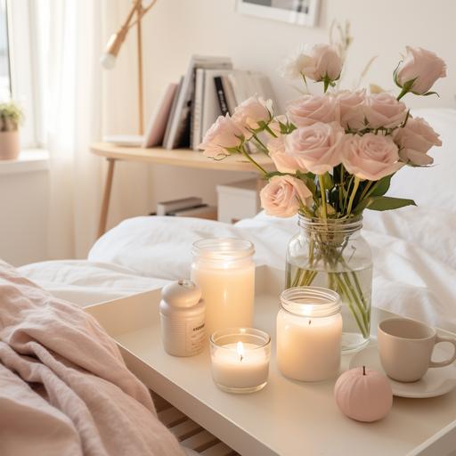 Scandinavian American Cream Style Bedroom with Premium Simple Tabletop Ornament, Rich Home Decor Ornament, Cozy Bedroom Bed, bedroom with creamy white plush sheets, candlesticks, scented candles, white angel girl ornaments, pink roses, coffee mugs, acrylic shelves, small dining cart shelves