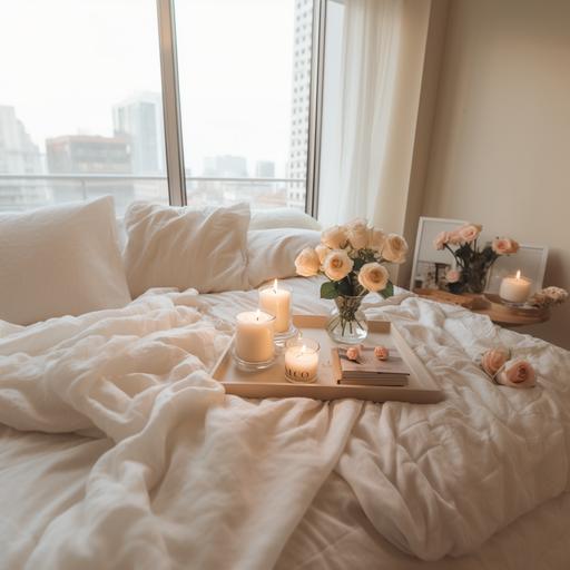 Scandinavian American Cream Style Bedroom with Premium Simple Tabletop Ornament, Rich Home Decor Ornament, Cozy Bedroom Bed, bedroom with creamy white plush sheets, candlesticks, scented candles, white angel girl ornaments, pink roses, coffee mugs, acrylic shelves, small dining cart shelves