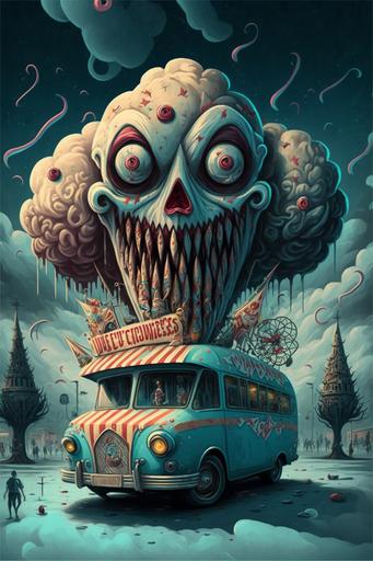 Scary Icecream truck, jack-in-the-box Scary, creepy freakshow carnival, circus, amusement park, rides, ferris wheel, rollercoaster with decorative signs and tents, scared children with balloons Trending on artstation. fantasy theme female devils and twisted trees in the stormy background in style of Mottla Brutal Art --stylize 1000 --style 4b --aspect 2:3 --q 2 --v 4